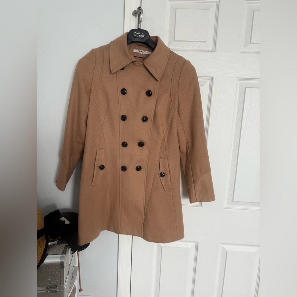 DKNY Women's Camel Double-Breasted Pea Coat